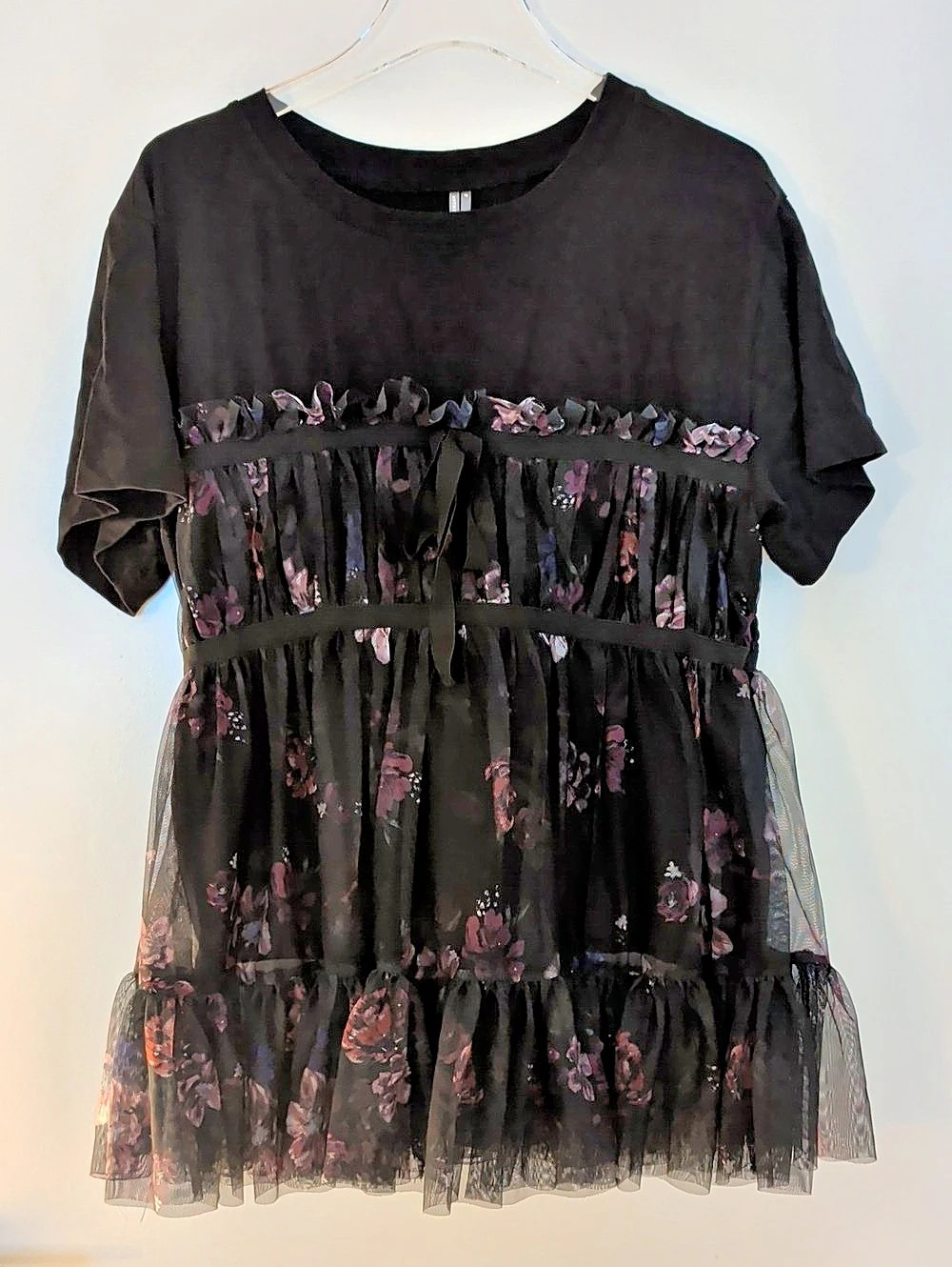 Anthropologie Floral Tulle Mini Dress in Black & Purple Size LP
